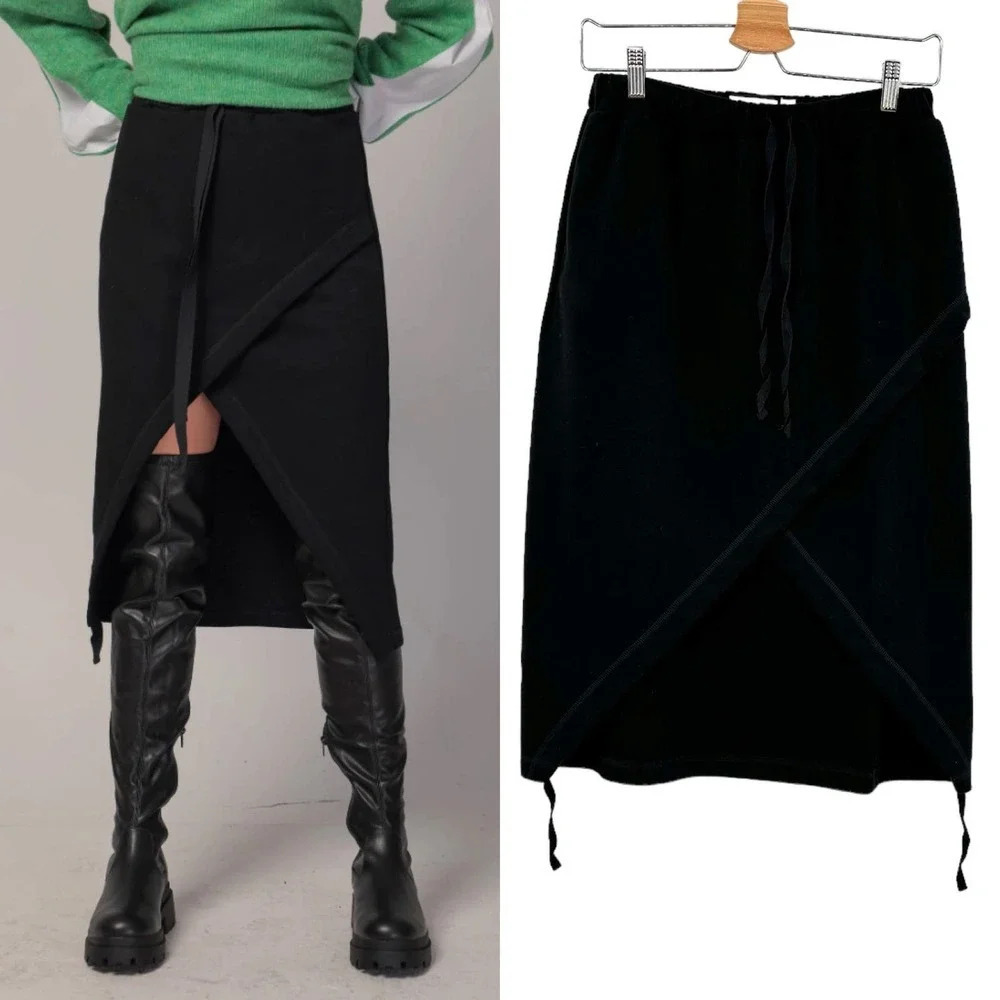 Adeptt Adira Skirt Asymmetric Pencil Drawstring Midi‎ Cotton Black Size Large